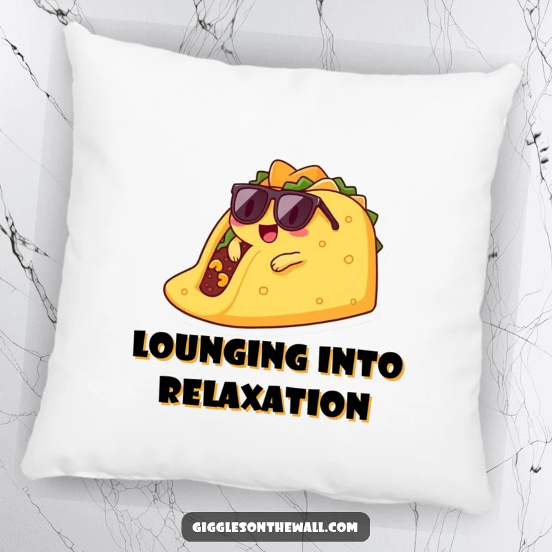 Funny lounging taco pillow showing a cool taco character in sunglasses, casually relaxing on a giant chip.
