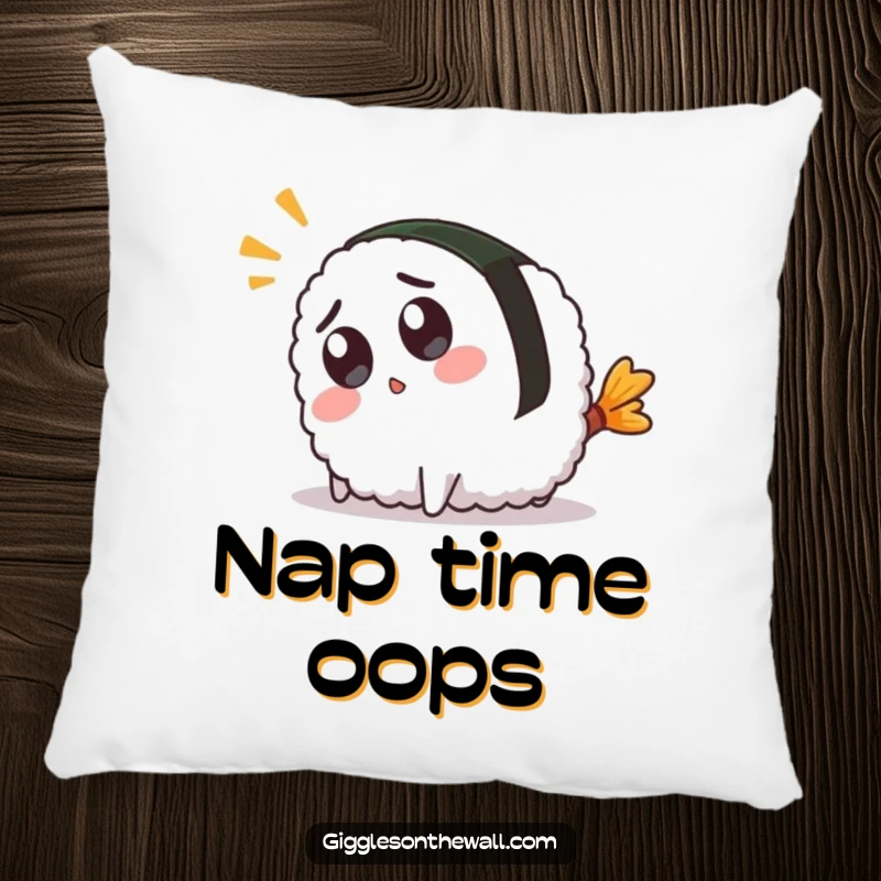 Funny pillow featuring a soft, plush sushi character comically tripping over its tail with a surprised expression, perfect for cuddles.