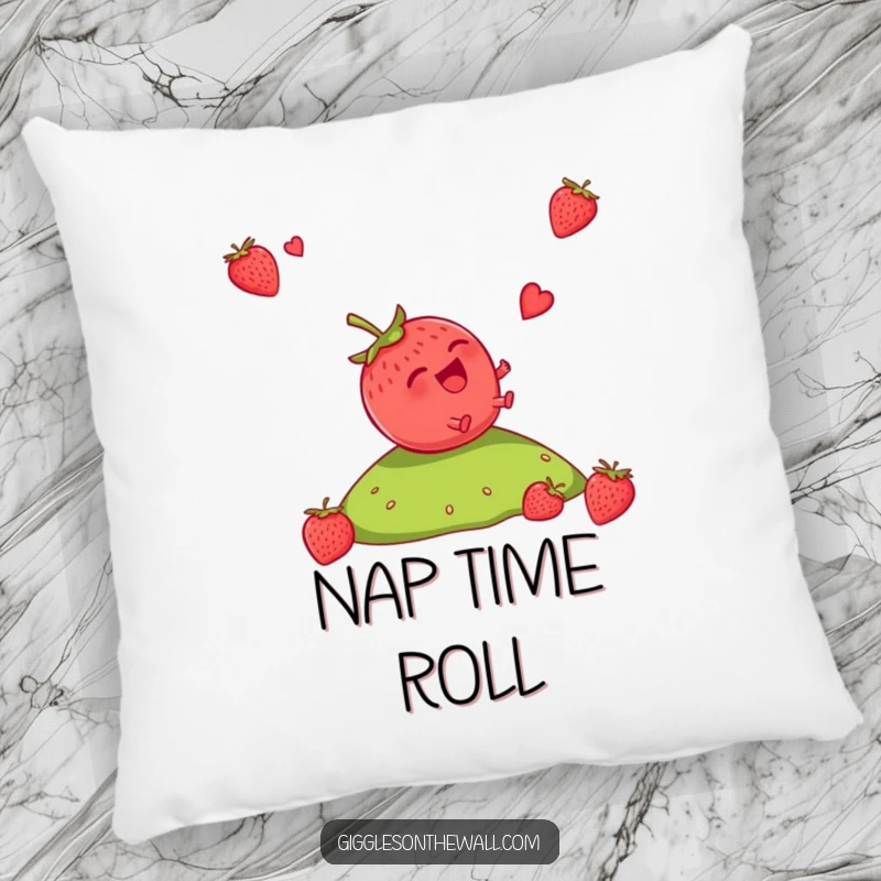 Funny Strawberry Pillow: A soft pillow displaying a giggling strawberry rolling downhill, perfect for adding humor and joy to home decor.