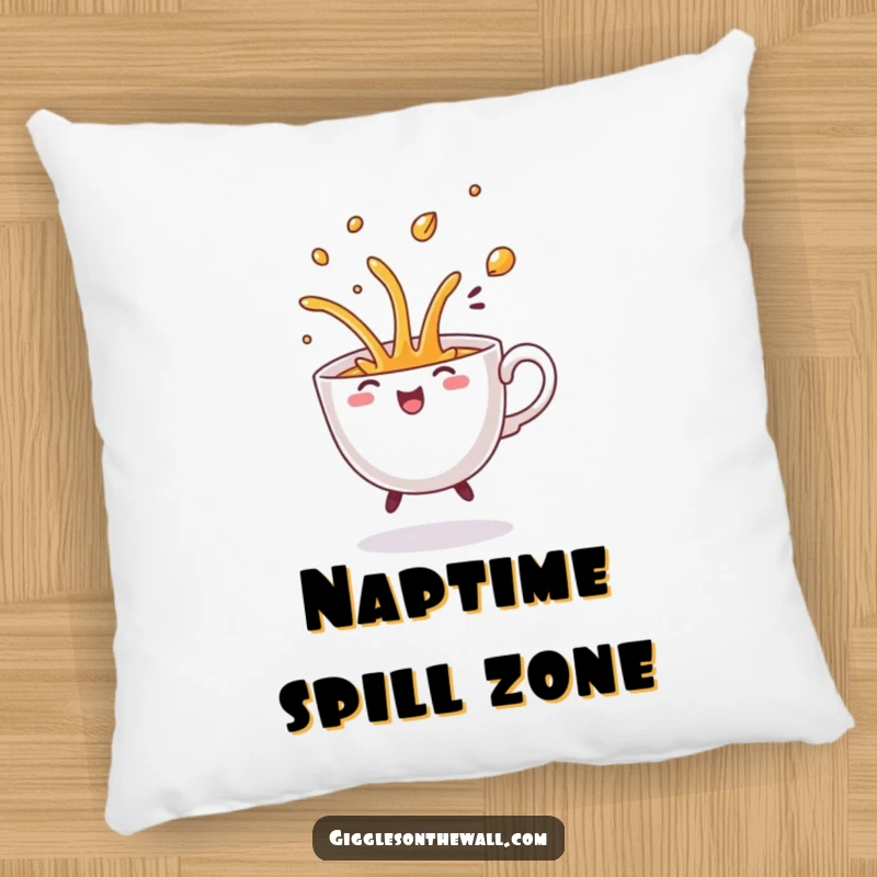 Funny Dancing Teacup Pillow, featuring a cute teacup dancing and spilling its contents with a comical flourish.