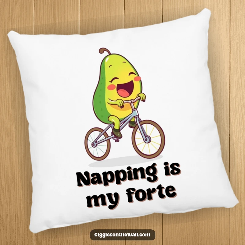 Funny pillow with a laughing avocado character attempting to ride a unicycle made of spaghetti, offering plush comfort and comedic appeal.