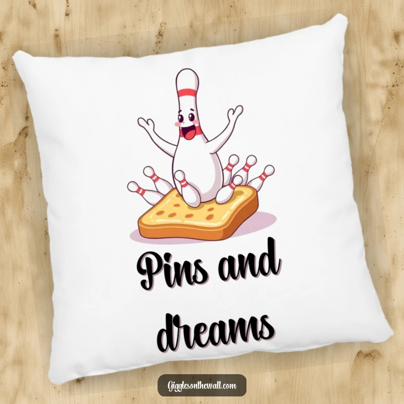 Funny bowling pin pillow with a sentient juggler dropping pins onto surprised toast, offering comfort and humorous appeal.