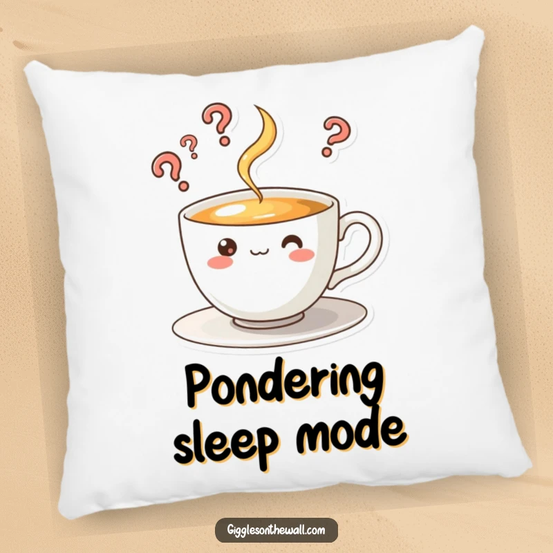 Funny pillow with a curious teacup character whose steam forms question marks, offering cozy comfort and a humorous touch.