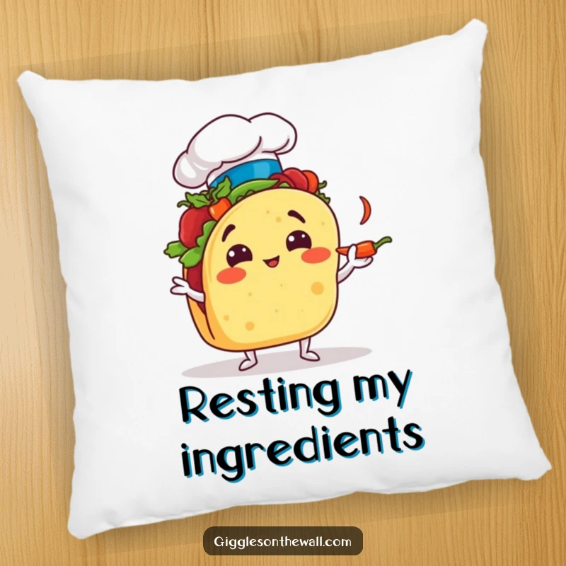 Funny taco chef pillow comically juggling chili peppers, soft and humorous decorative accent for couch or bed.