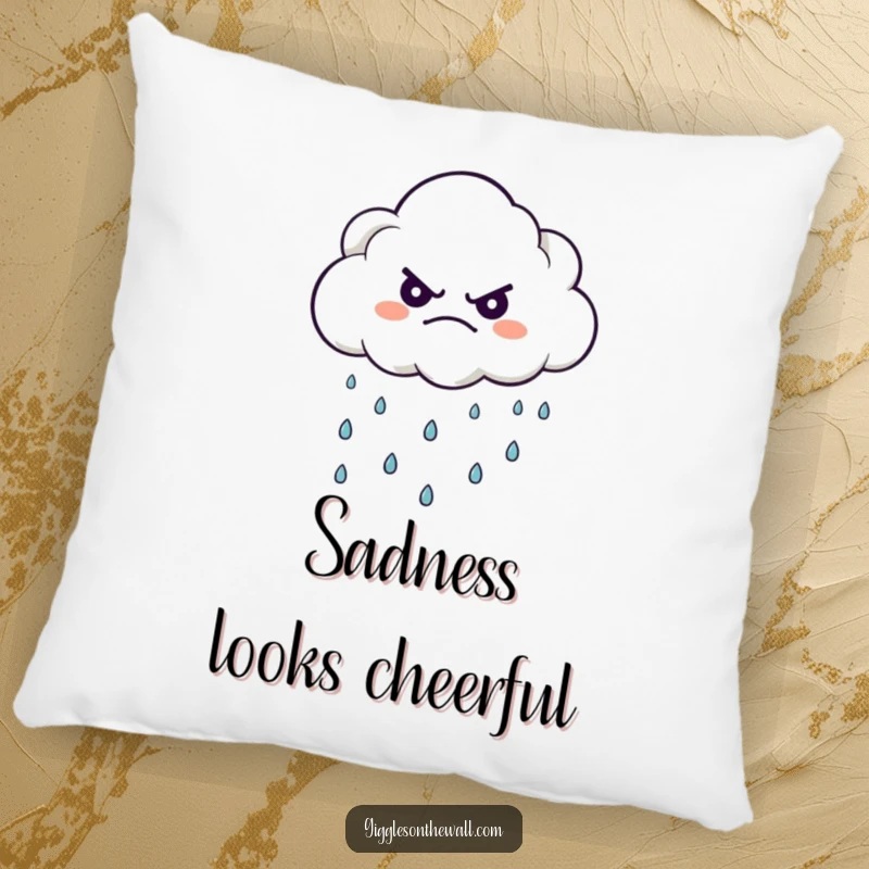 Funny throw pillow showcasing a grumpy cloud character creating miniature happy raindrops, ideal for comfort and humor.