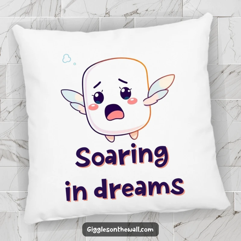 Funny pillow with a startled marshmallow character with tiny wings, hilariously attempting to fly, offering comfy humor.