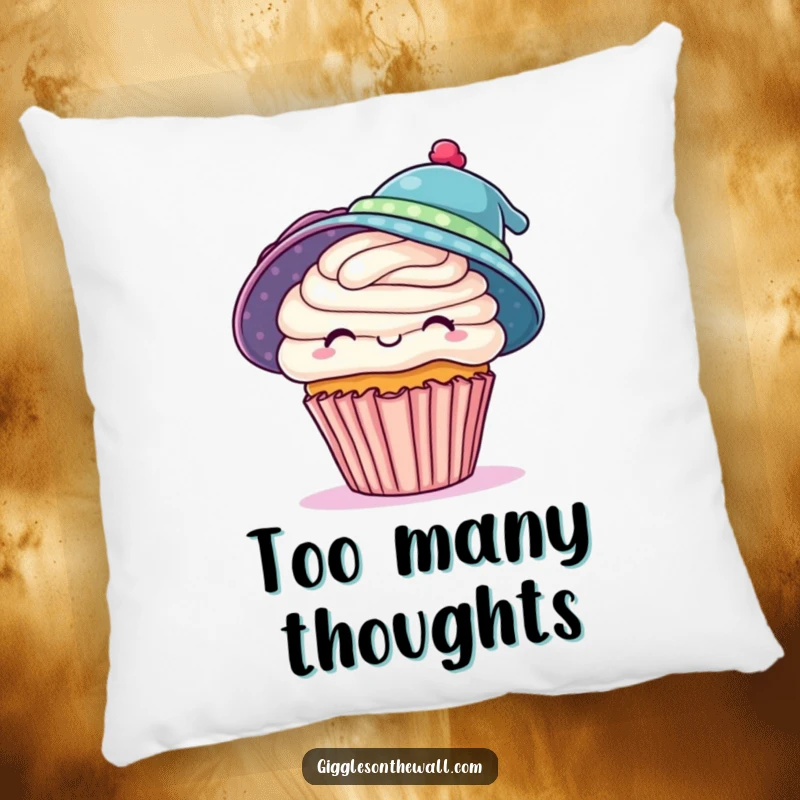 Funny pillow featuring a playful cupcake humorously wearing two hats, offering cozy comfort and a touch of ambition, an ideal funny gift.