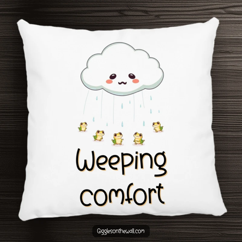 Funny frog rain cloud pillow with an emotional cloud crying a large tear, raining tiny bouncing frogs, offering comfort and humor.