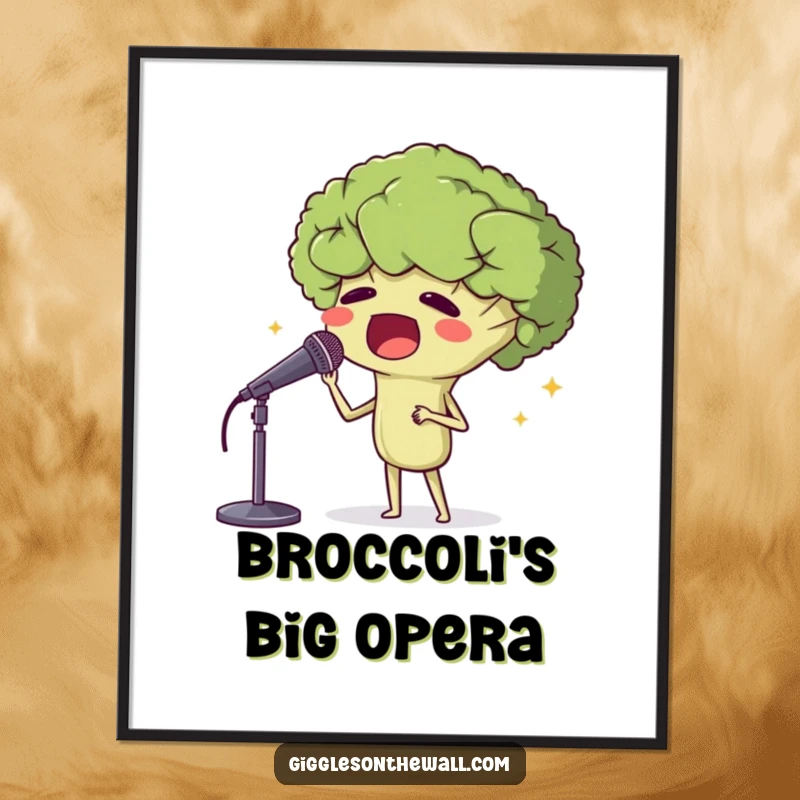 Funny digital art print of a proud broccoli head singing opera, ready to add theatrical humor to any digital display.