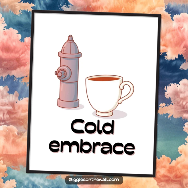 Funny digital art print, a teacup hugging a fire hydrant, whimsical illustration, printable decor.