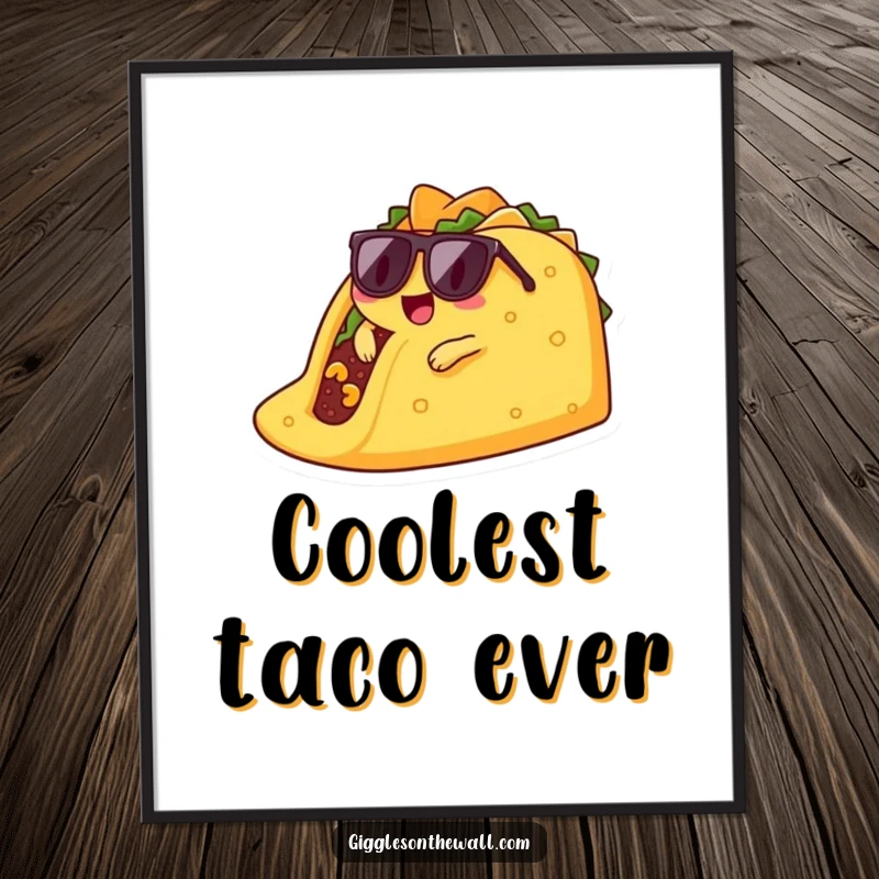 Funny lounging taco digital art print of a cool taco character in sunglasses, casually relaxing on a giant chip.
