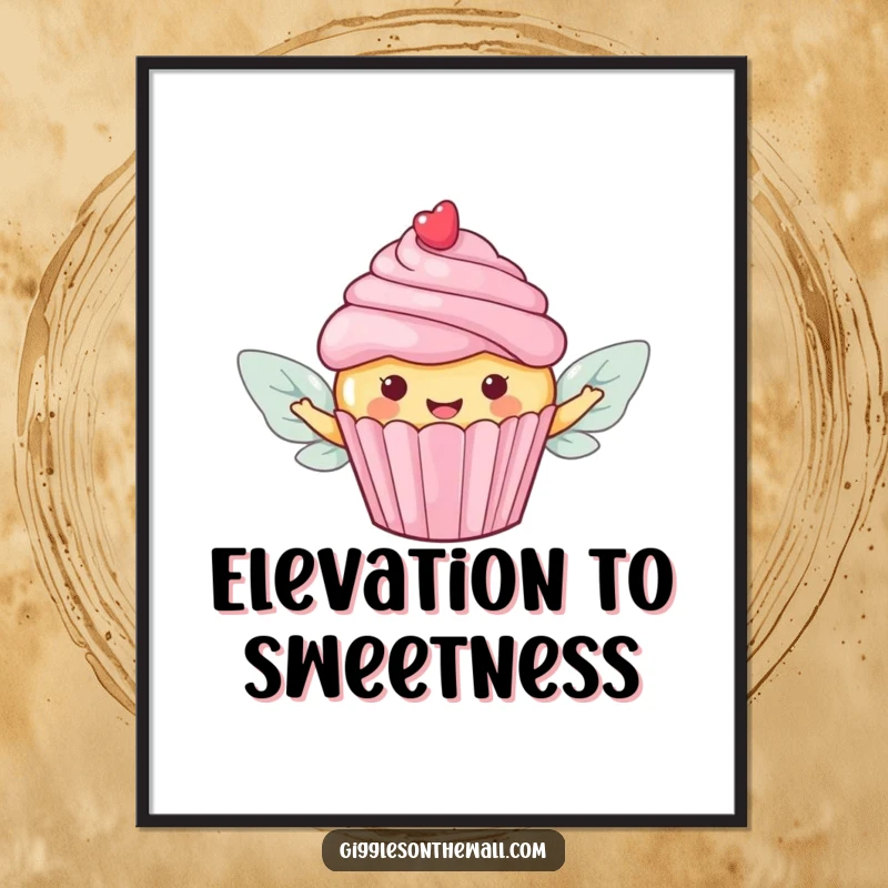 Funny digital art print of a happy cupcake with candy wings, joyfully attempting to fly away, a sweet and humorous piece.