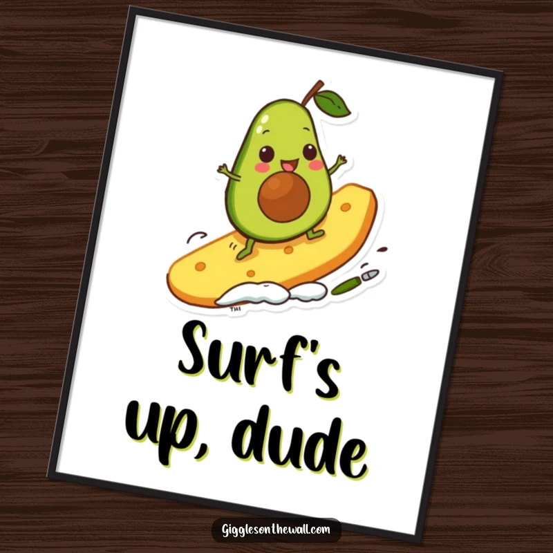Funny avocado character hilariously surfing a giant chip, presented as exciting digital art, perfect for immediate download and display.