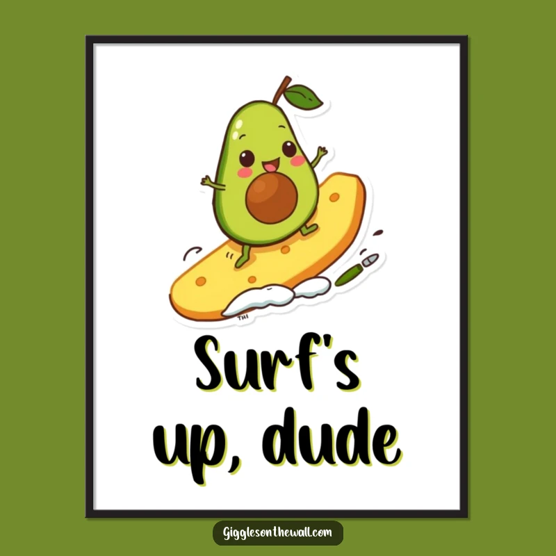 Funny Avocado Surfer Digital Art: Cute Character Chip Print, Gift