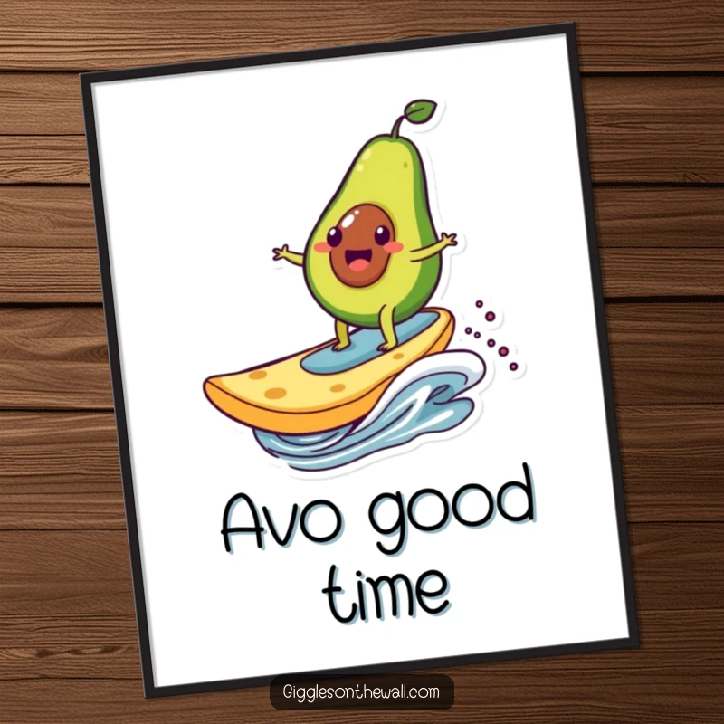 Funny digital art print of an avocado character surfing on a giant chip, instant humorous wall decor for food and surf enthusiasts.