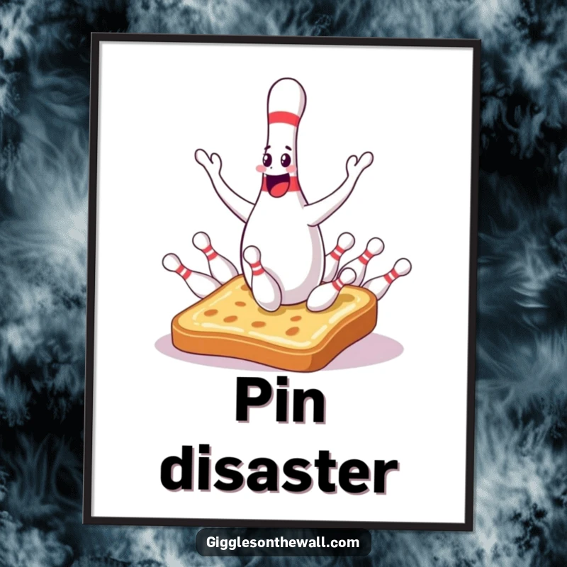 Funny bowling pin digital art print of a sentient juggler dropping pins onto surprised toast, perfect for instant download and humor.