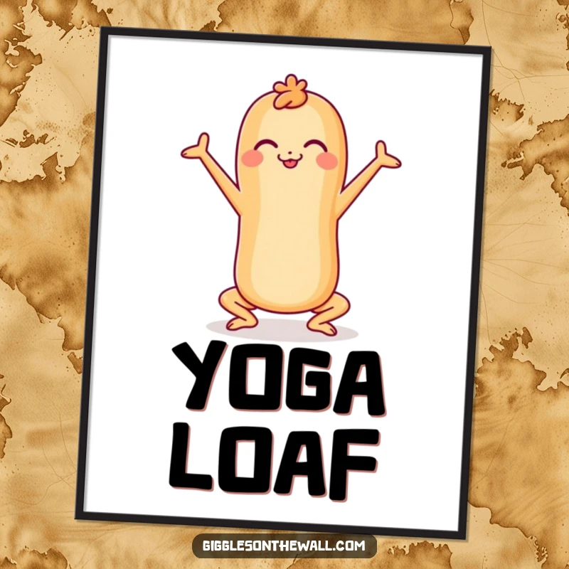 Funny cheerful baguette doing a yoga pose, digital art print, peaceful and humorous, perfect funny gift.