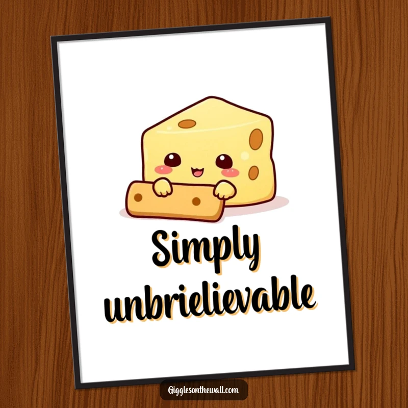 Funny digital art print of a cheese character hiding behind a cracker, instant humorous wall decor to brighten any space.