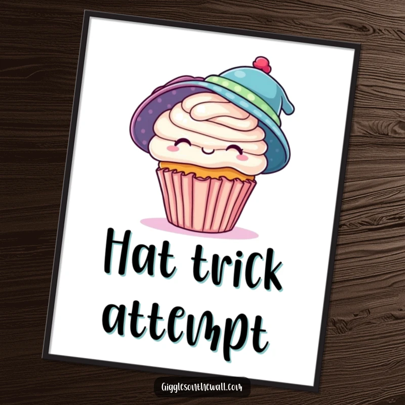 Funny cupcake digital art print humorously wearing two hats, creating a whimsical and ambitious wall decoration, a perfect funny gift.