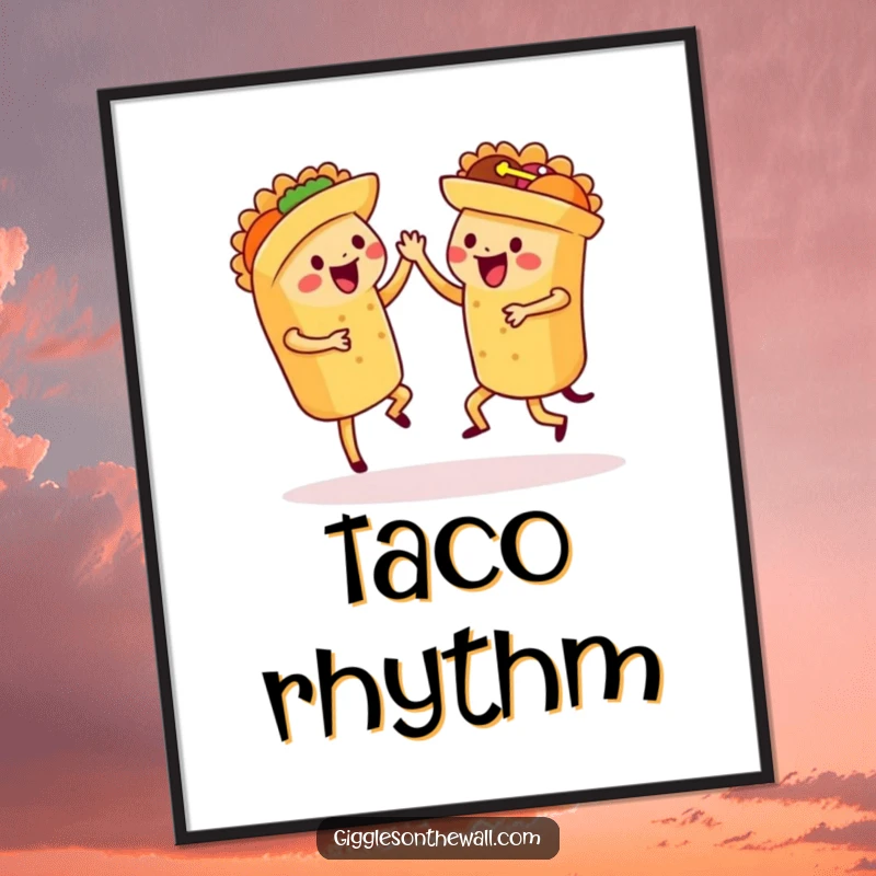 Funny dancing tacos digital art print, a vibrant image of tacos performing a synchronized salsa dance.