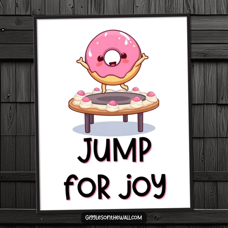 Funny donut character joyfully bouncing on a frosting trampoline, captured in exciting digital art for immediate download and display.