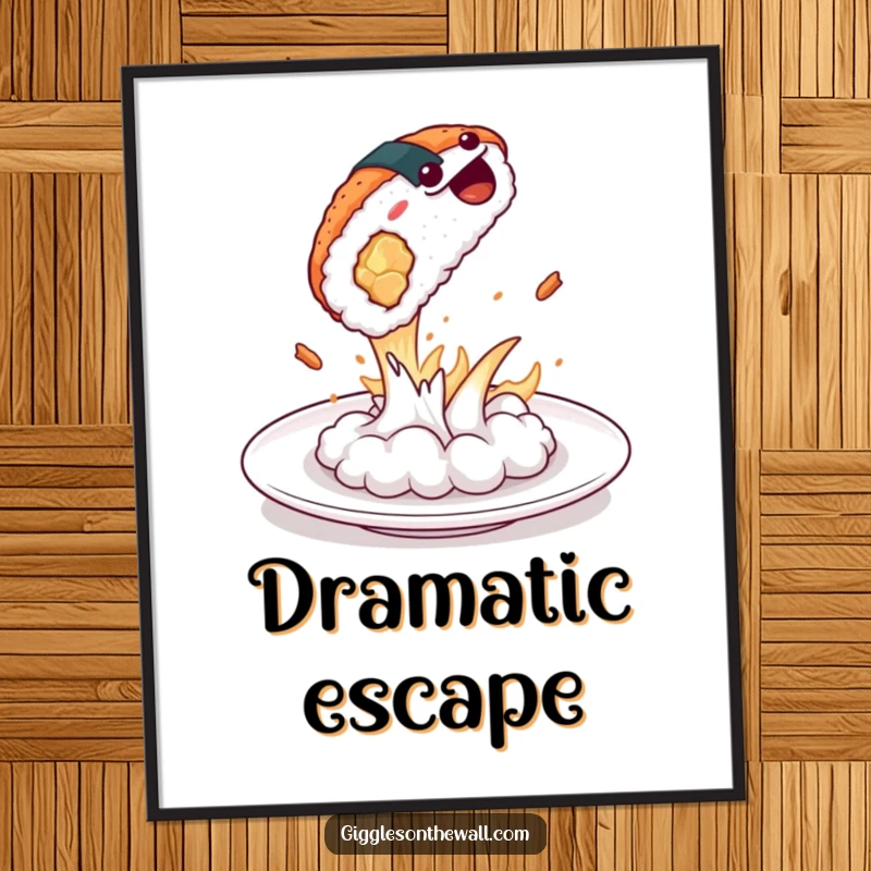 Funny sushi dramatically leaping from a plate, digital art print, dynamic and humorous, perfect funny gift.