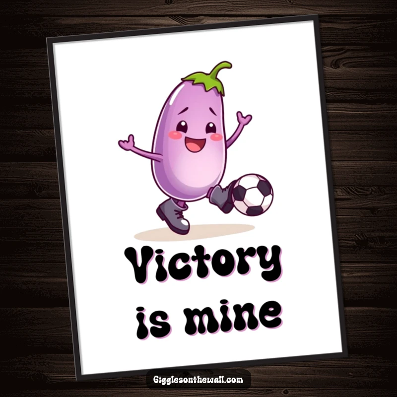 Funny digital art print of a smiling eggplant in boots, energetically kicking a football, a humorous and vibrant downloadable artwork.