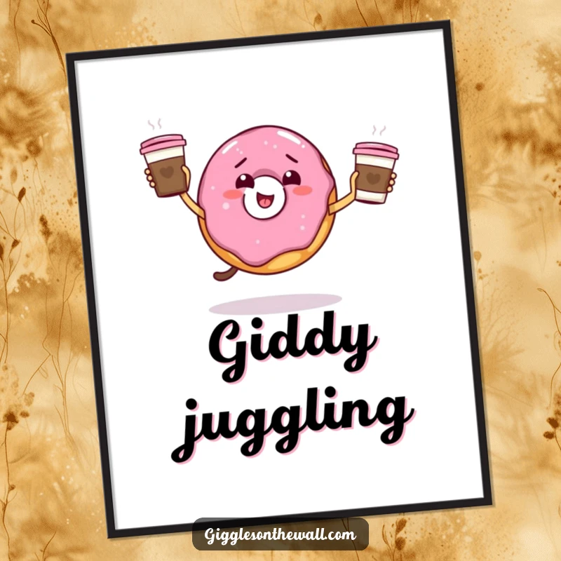 Funny giddy donut juggling coffee cups, digital art print, cheerful and humorous, perfect funny gift.