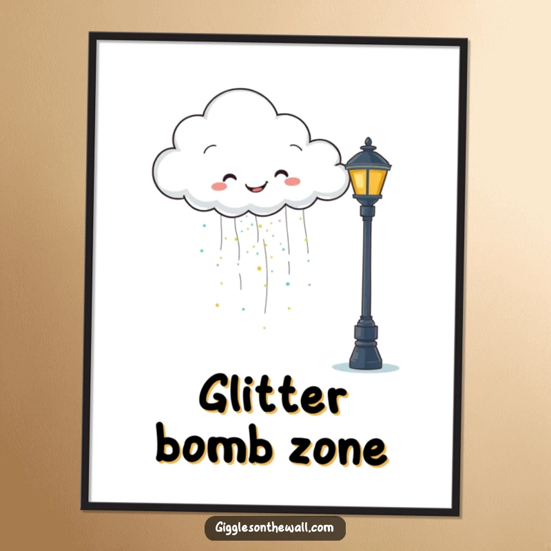 Funny digital art print of a happy cloud raining glitter onto a grumpy lamppost, perfect for instant whimsical decor.
