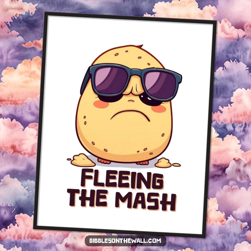 Funny Grumpy Potato Digital Art Print: High-resolution art of a grumpy potato with sunglasses attempting to escape being mashed, offering instant rebellious humor.