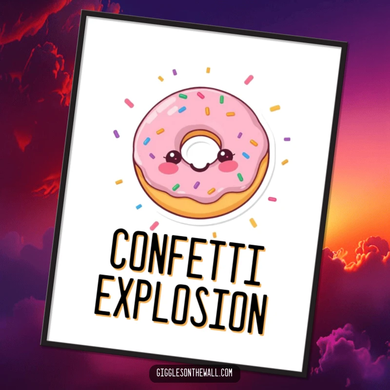 Funny donut digital art print with falling confetti, creating a vibrant and joyful wall decoration, a perfect funny gift.