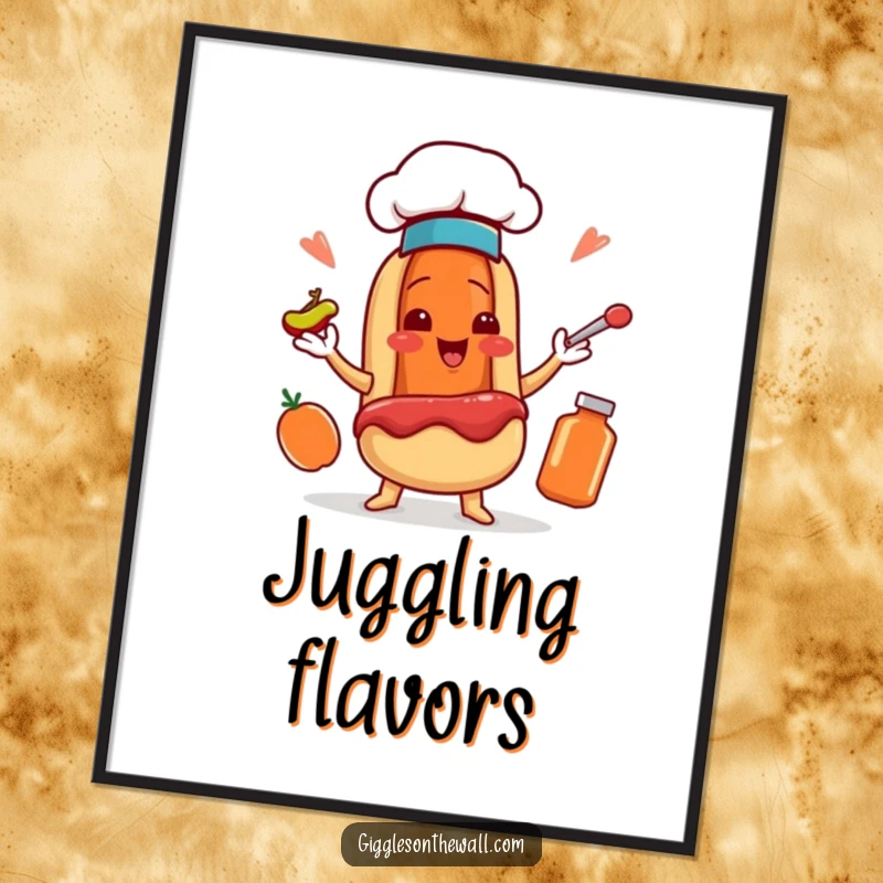 Funny digital art print of a smiling hot dog chef character juggling condiments, adding a humorous and artistic touch.