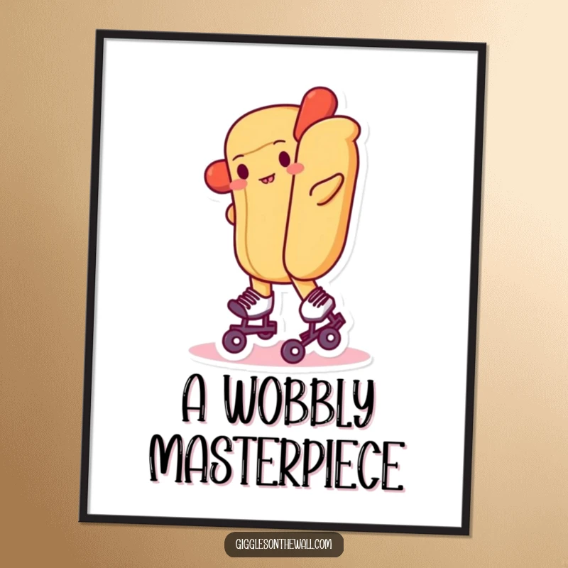 Funny digital art print of a hot dog wobbling on tiny roller skates, a humorous and lively illustration.