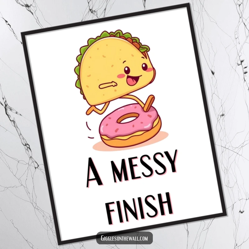 Funny digital art print of a taco with legs tripping over a donut during a marathon, perfect for instant humorous decor.