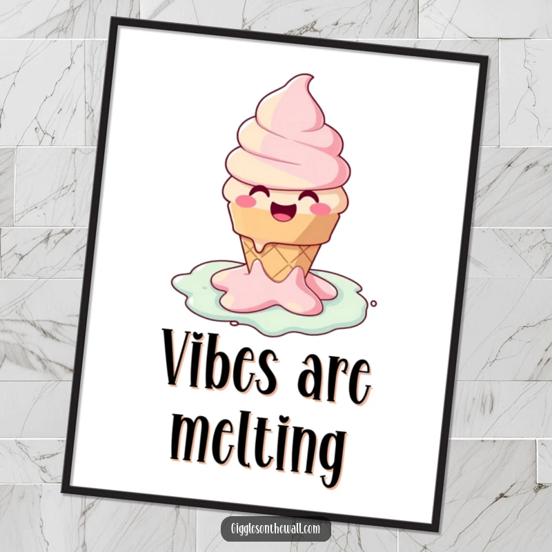 Funny digital art print of a happy ice cream cone character melting into a puddle of joy, ideal for vibrant, humorous decor.