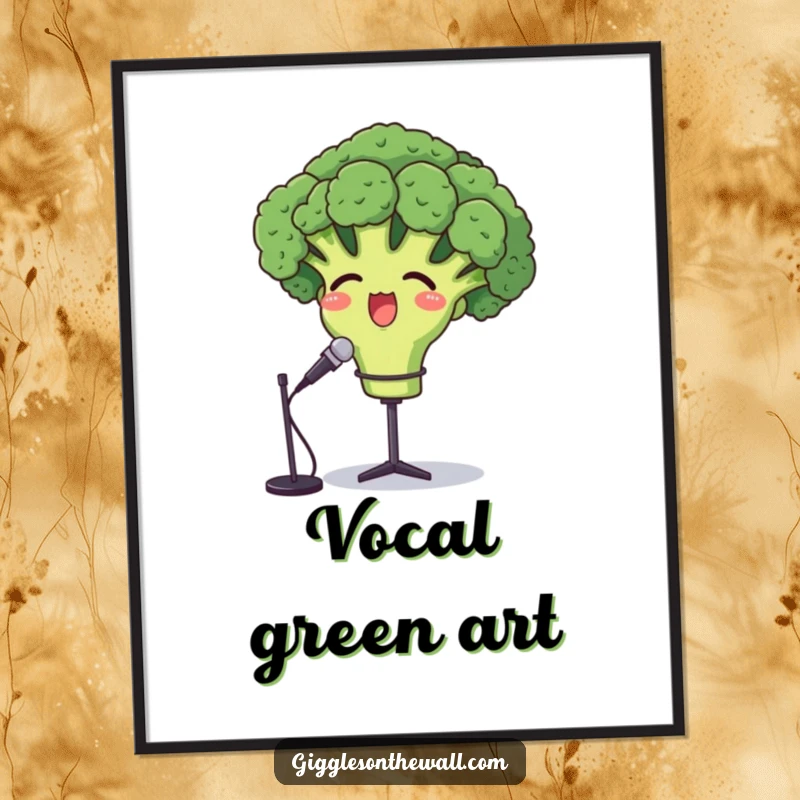 Funny opera broccoli digital art, a proud broccoli character singing passionately into a microphone, full of drama.