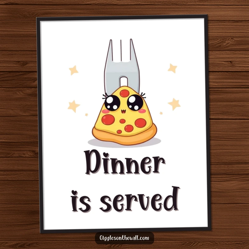 Funny digital art print of a pizza slice backstage, terrified of a giant fork. High-resolution, downloadable art for humorous wall decor.