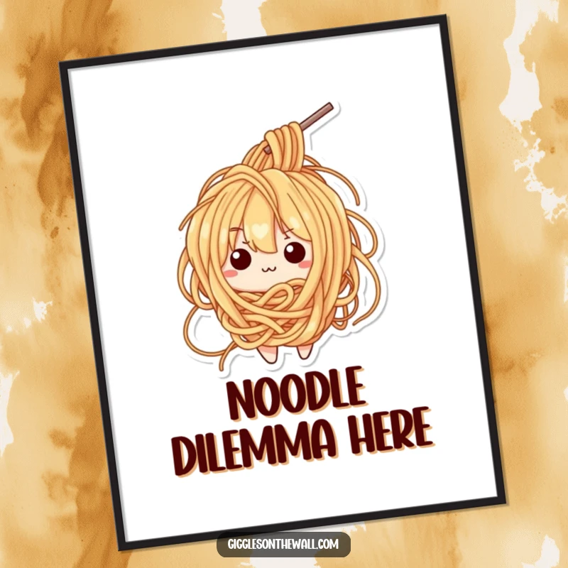 Funny digital art print of a bewildered ramen noodle character tangled in its own strands, for immediate display.