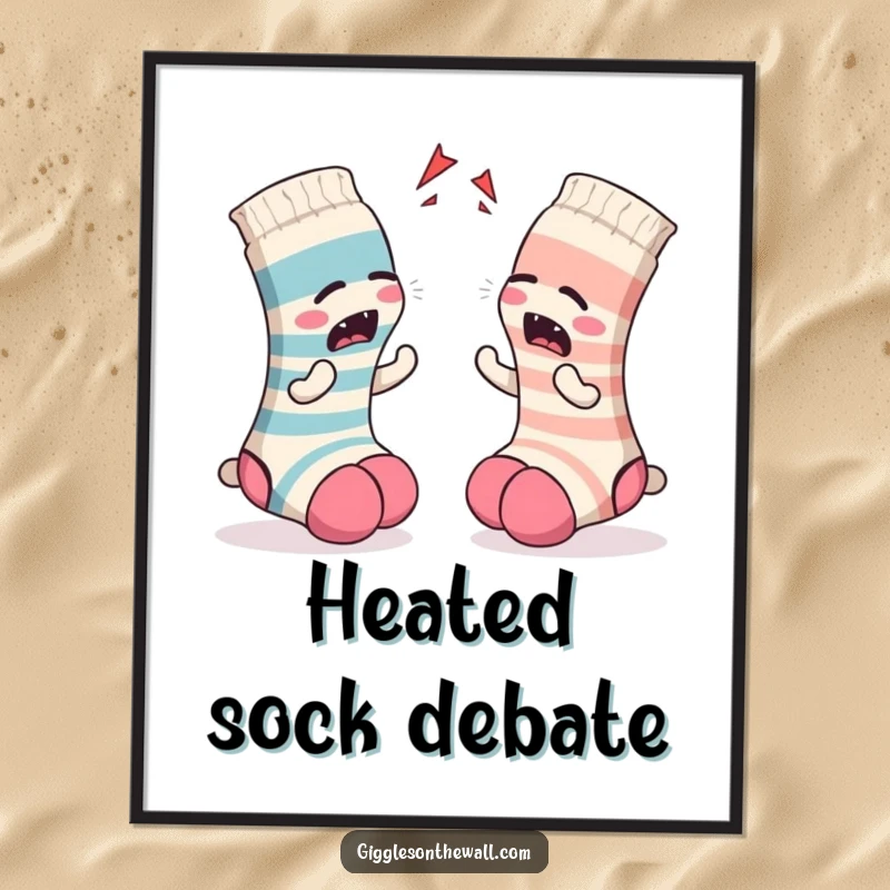 Funny Sock Digital Art Print: A high-resolution image of two socks locked in a dramatic argument, full of relatable and humorous conflict.