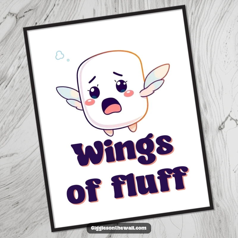 Funny digital art print of a startled marshmallow character with tiny wings, hilariously attempting to fly, perfect for humorous decor.