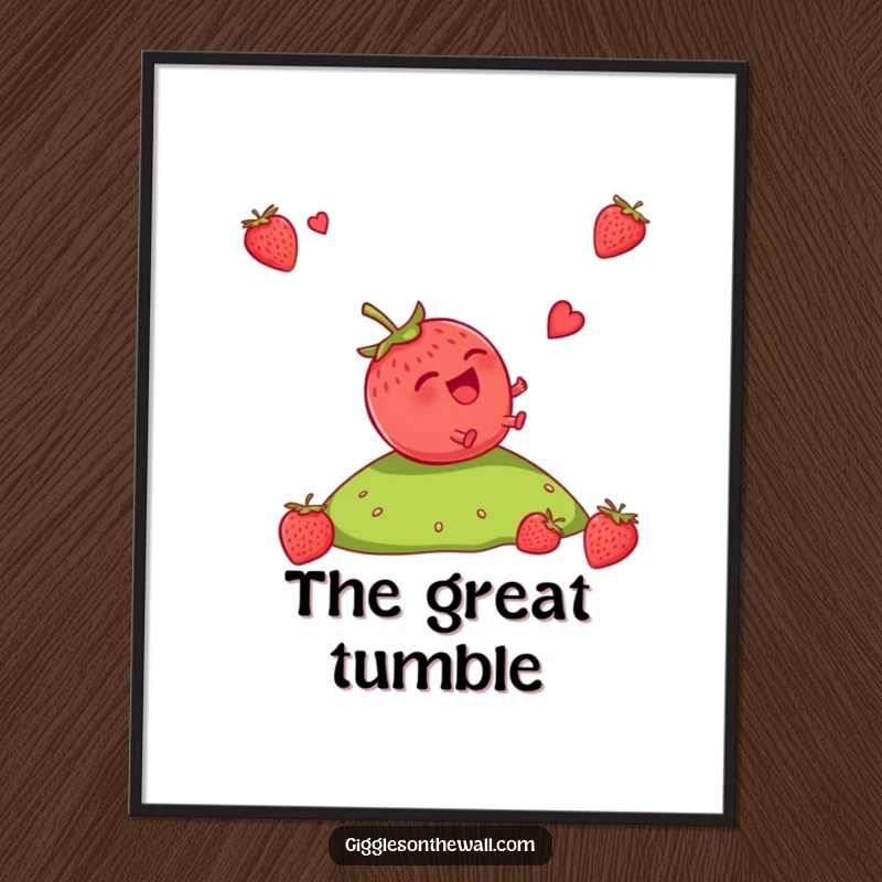 Funny Strawberry Digital Art Print: A high-resolution image of a giggling strawberry tumbling down a hill, full of uninhibited fun and laughter.