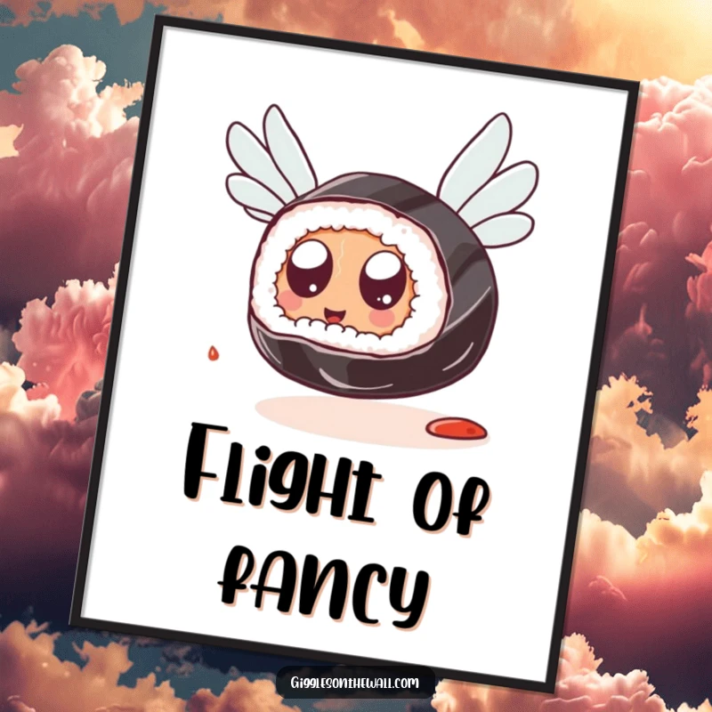Funny Sushi Flying Digital Art Print: High-resolution art of a sushi piece with googly eyes attempting flight with soy sauce packets, offering instant quirky humor.