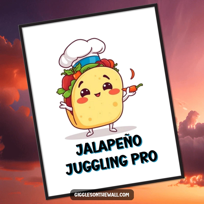 Funny taco chef digital art print, comically juggling chili peppers, high-resolution and humorous kitchen decor.