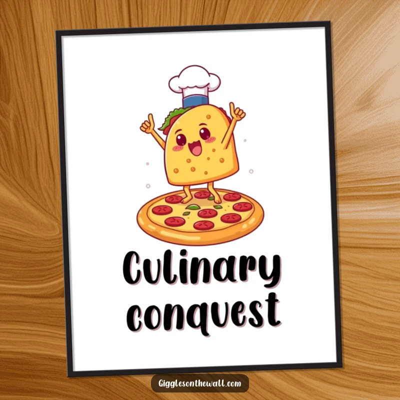 Funny Taco Chef Victory Digital Art Print: High-resolution art of a taco in a chef hat dancing on a pizza, offering instant humorous celebration decor.
