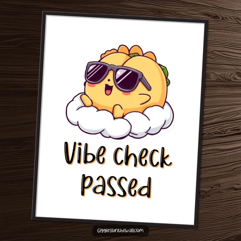Funny digital art print of a taco character in sunglasses lounging on a cloud, perfect for instant, humorous wall decor.