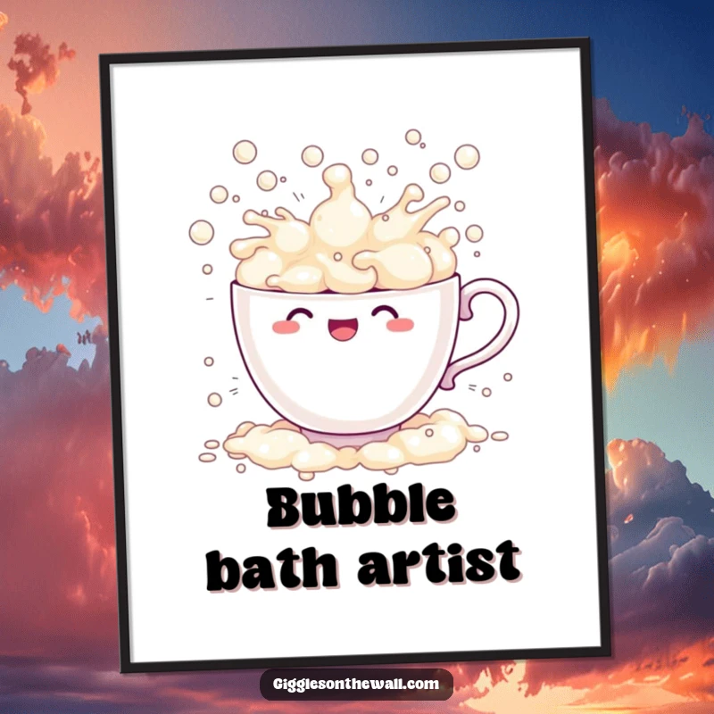Funny teacup digital art print comically overflowing with bubbles, splashing joyfully, high-resolution and humorous decor.