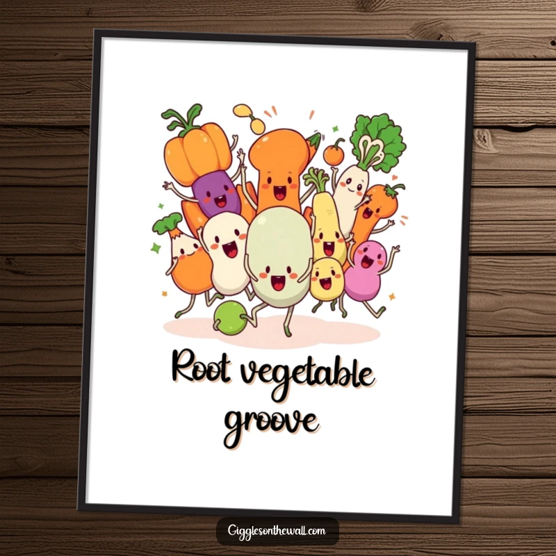 Funny Veggie Dance Digital Art Print, showing animated vegetables performing a chaotic synchronized dance with vibrant colors.