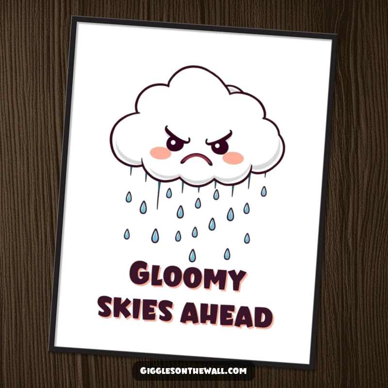 Funny grumpy cloud digital art print, a moody image of a displeased cloud raining tiny, disgruntled raindrops.