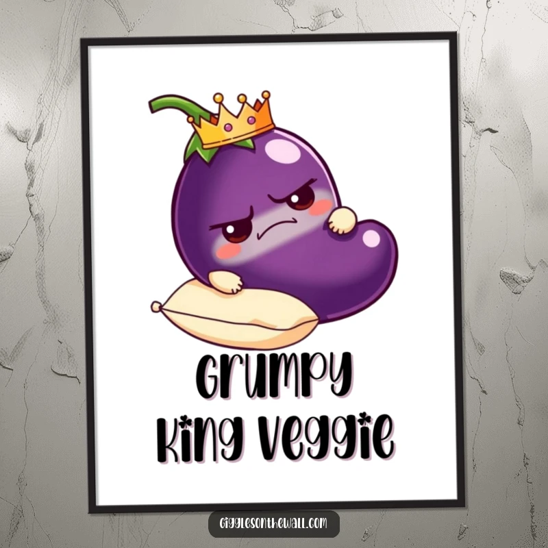 Funny grumpy eggplant digital art print wearing a crown, carried on a plush pillow, high-resolution and humorous decor.