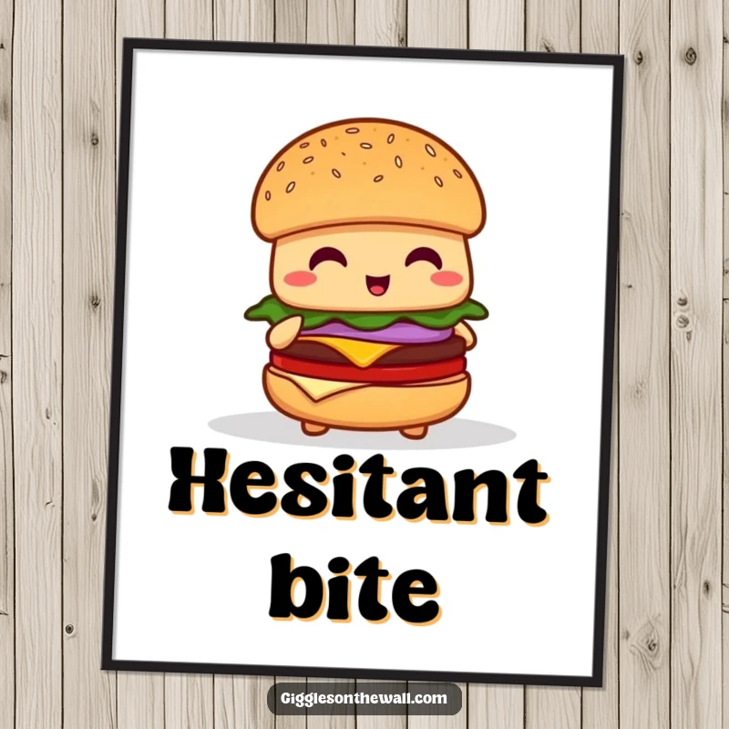 Funny shy hamburger digital art print, a relatable image of a timid burger character attempting to give a speech.